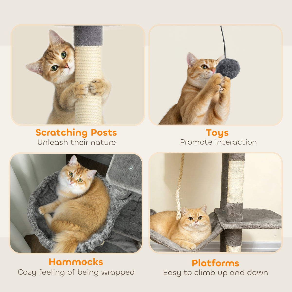 Four close-ups of ginger cats using the gray cat tree's scratching posts, toy, hammock and platforms