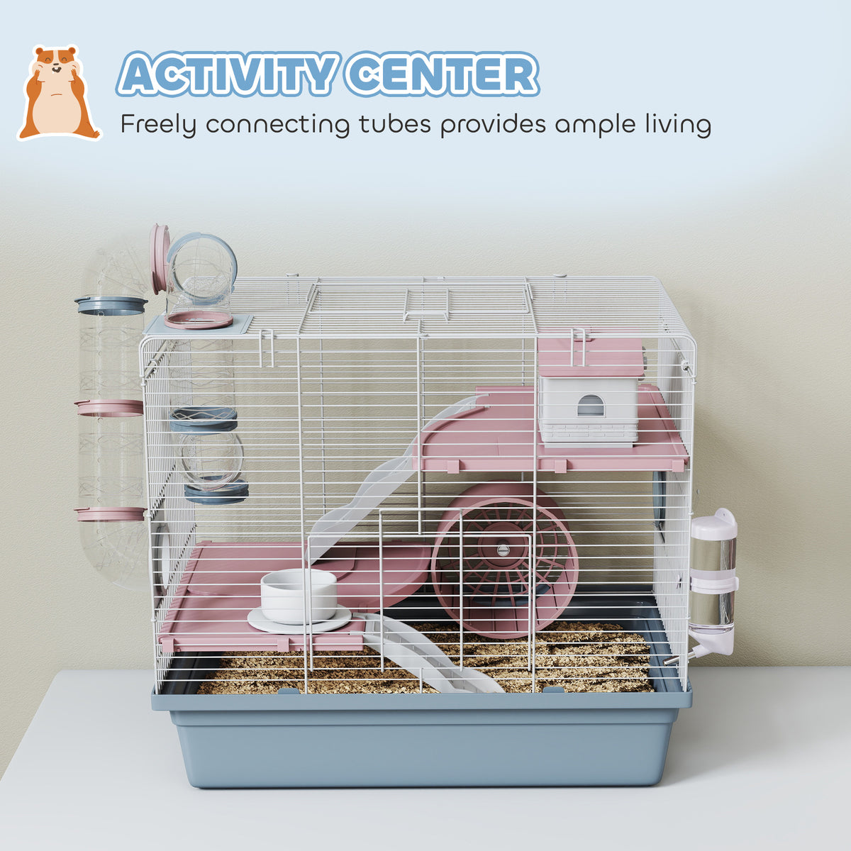 White and pink three-tier hamster cage with connecting tubes on a gray base