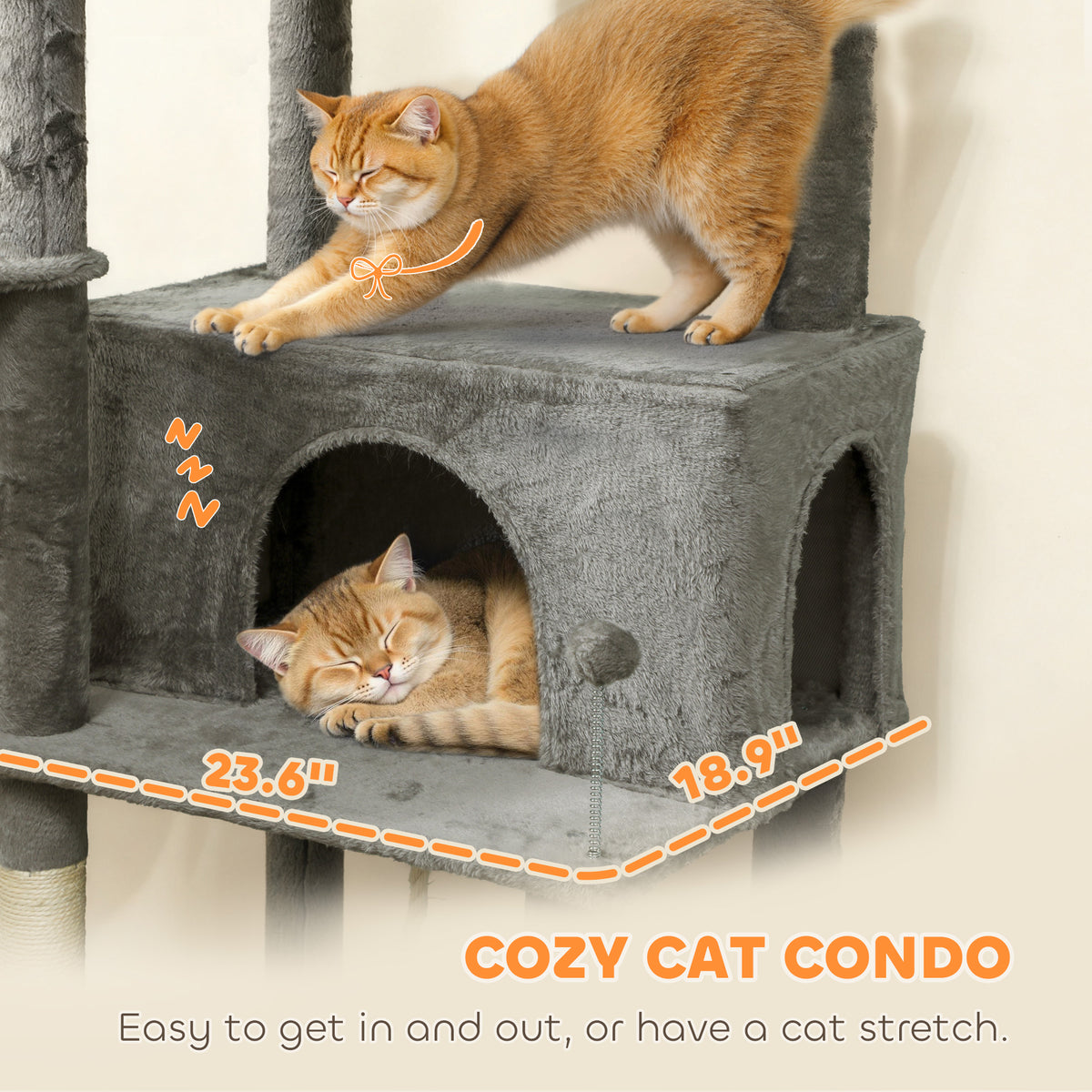 Two ginger cats on the gray cat tree, one in the condo and one stretching on the platform above
