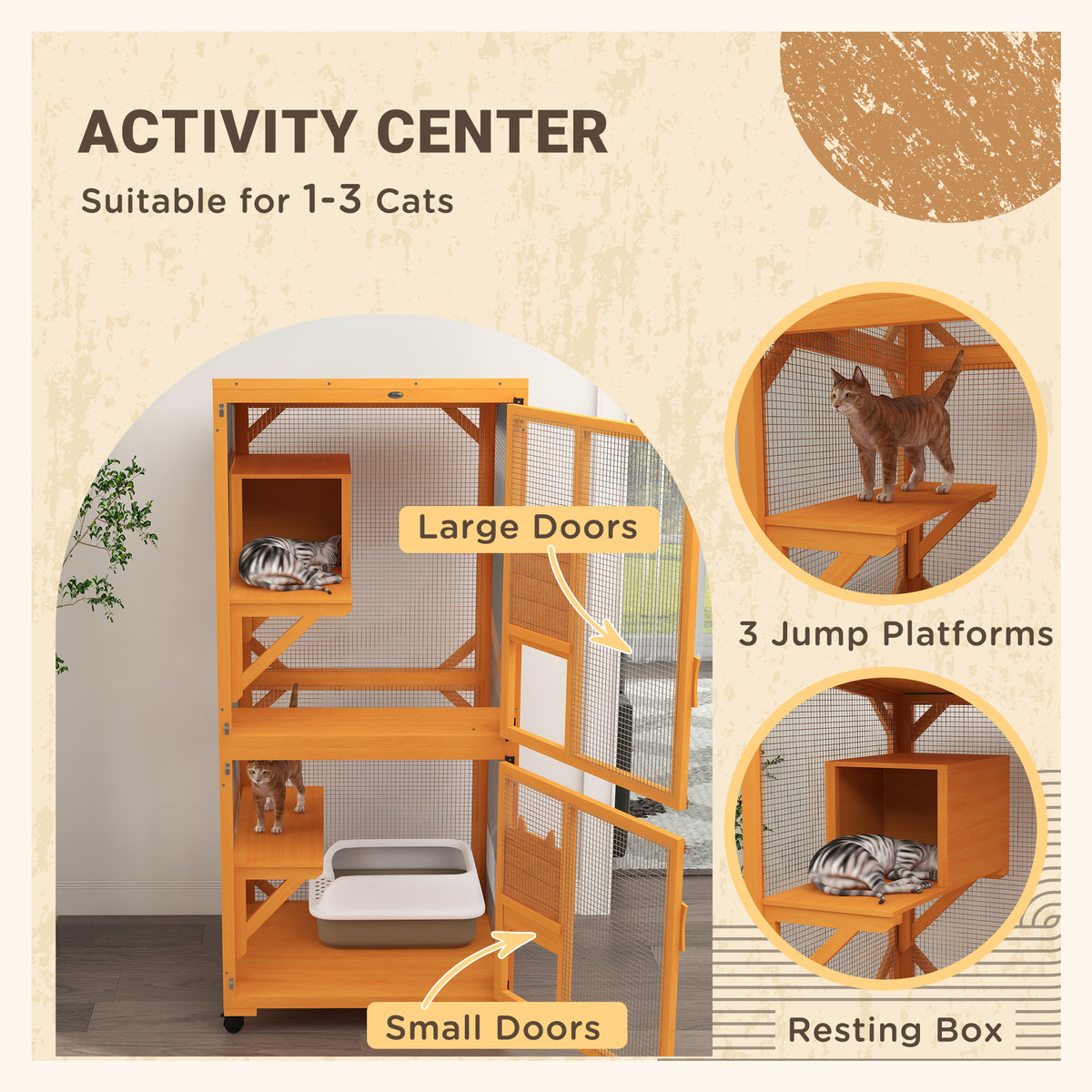 Wooden rolling cat catio with large and small doors, three jump platforms and a resting box