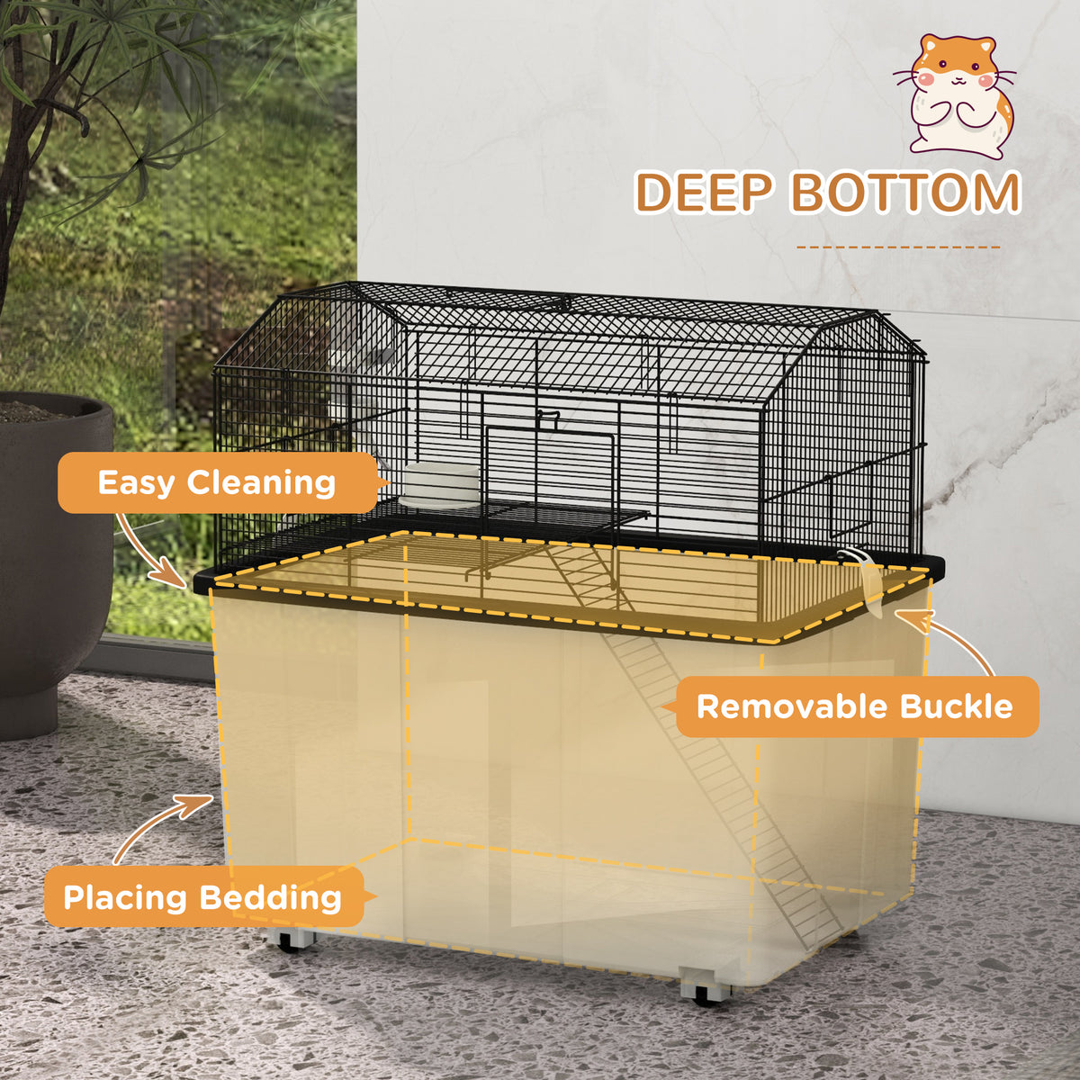 Black wire hamster cage on castors with a deep tinted base, marked for easy cleaning and bedding