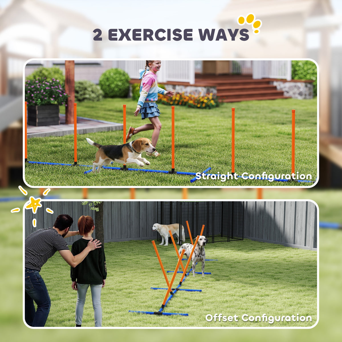 The weave pole set shown in a straight line and in an offset zig-zag, with dogs running each
