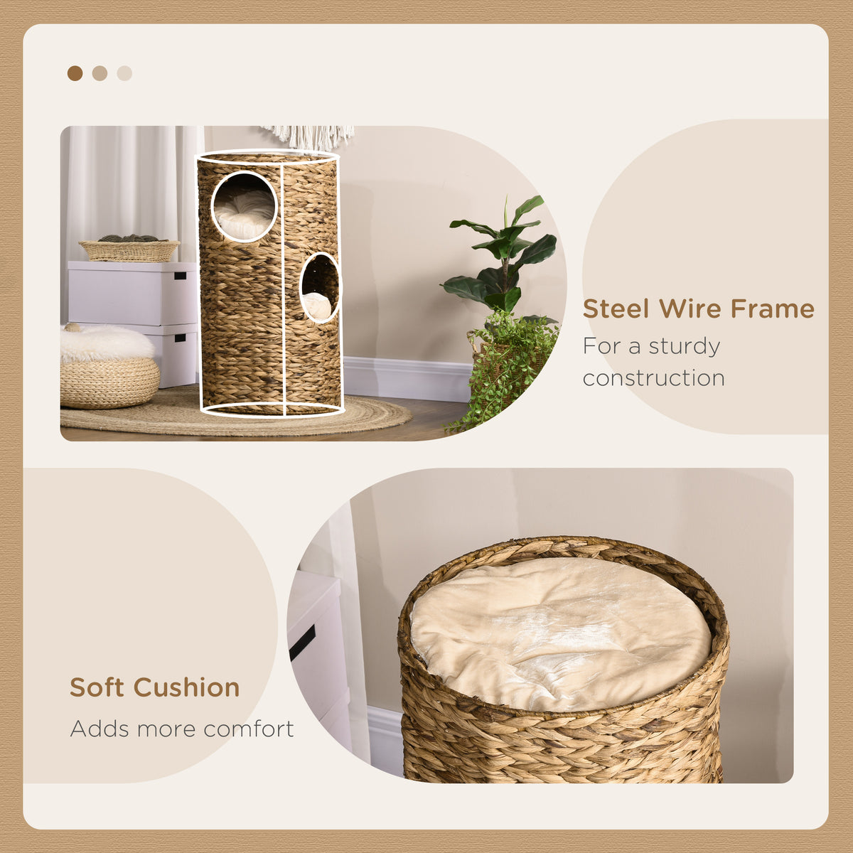 Woven cat tower bed in a bedroom, with close-ups of its steel wire frame and soft top cushion
