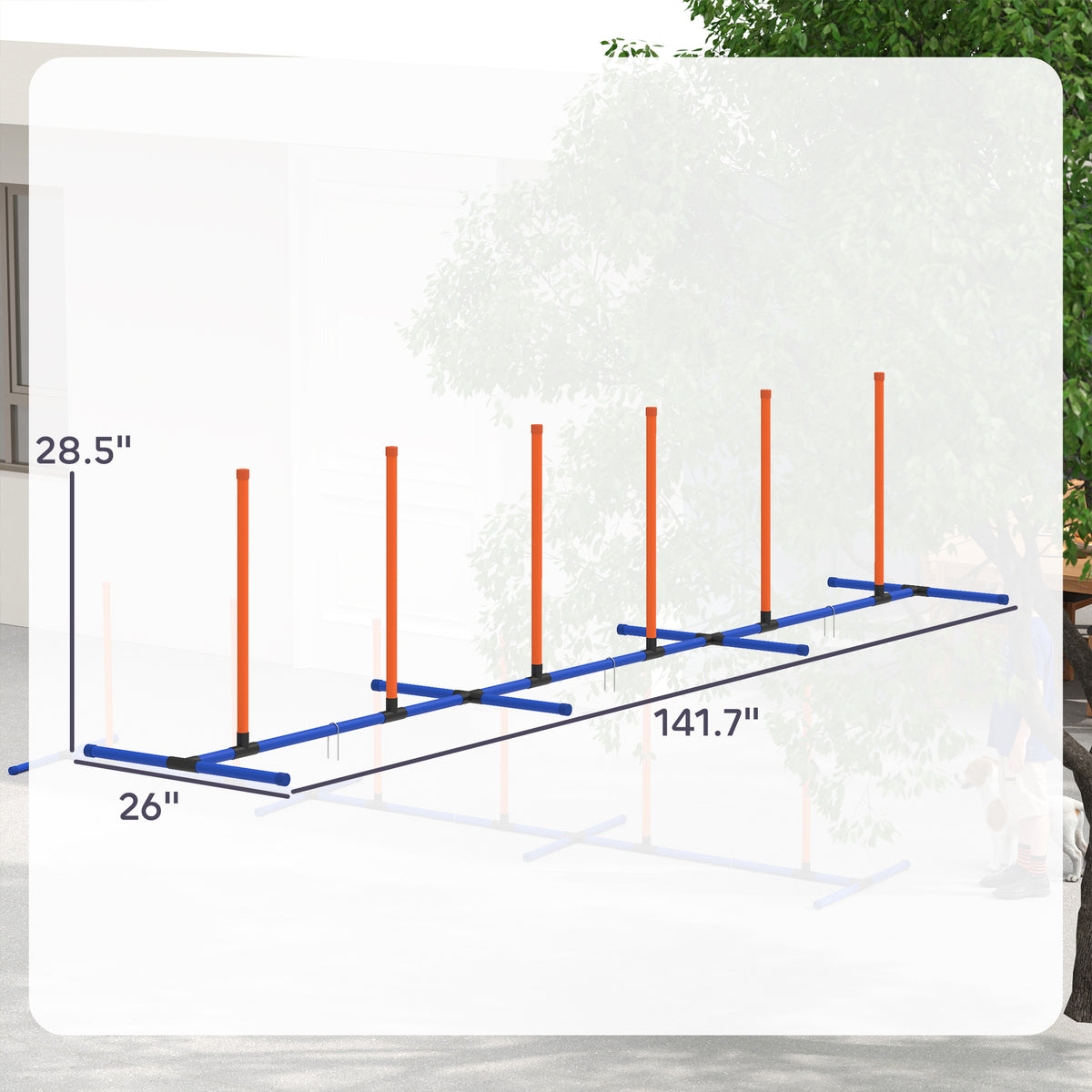 Dimension diagram of the agility weave pole set, 141.7 inches long with 28.5 inch poles