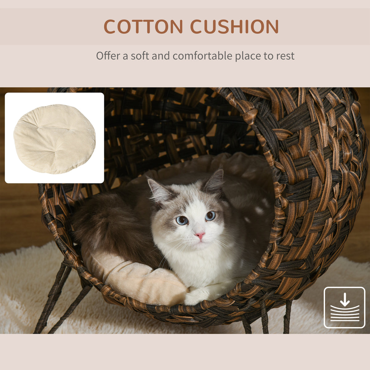 Fluffy cat resting inside the woven dome cat bed, with its round cotton cushion shown alongside