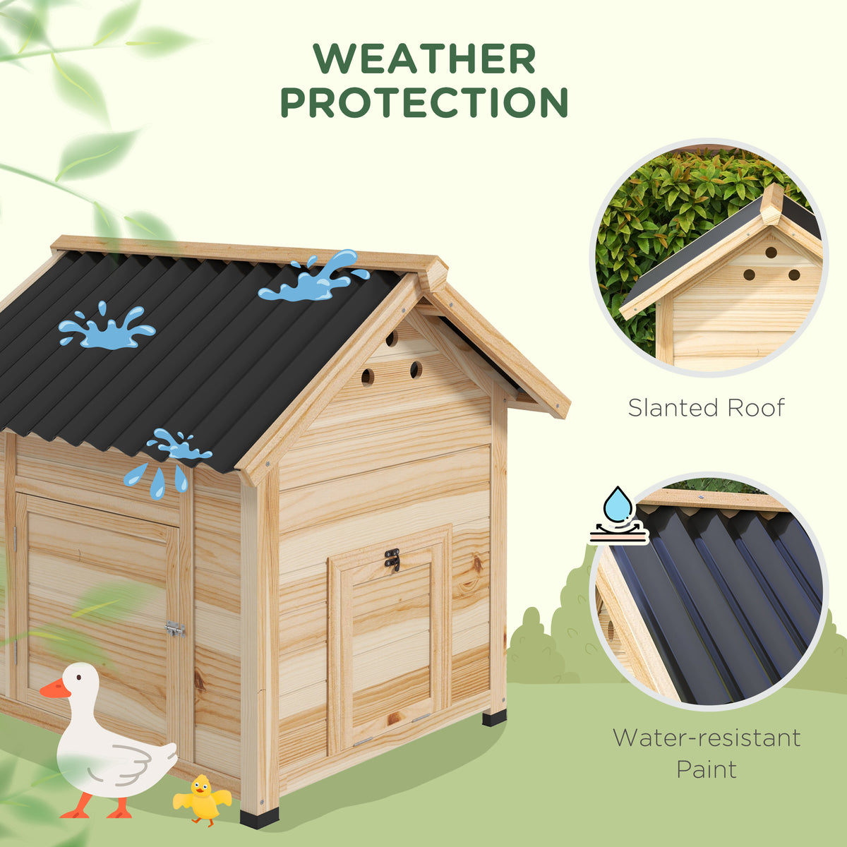 Wooden duck house with a slanted black roof, shown with rain drops and a water-resistant paint close-up