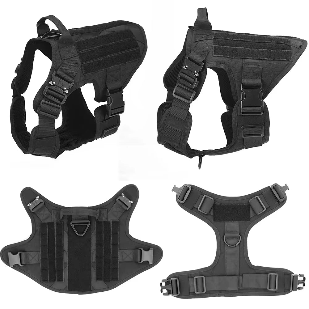 Four views of the black tactical dog harness showing the front, side, chest panel and underside