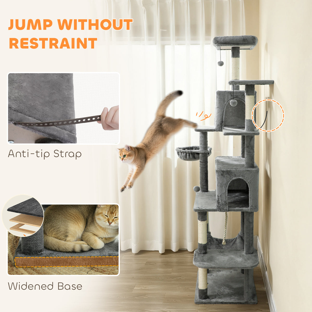 Ginger cat leaping onto the tall gray cat tree, with close-ups of its anti-tip strap and widened base