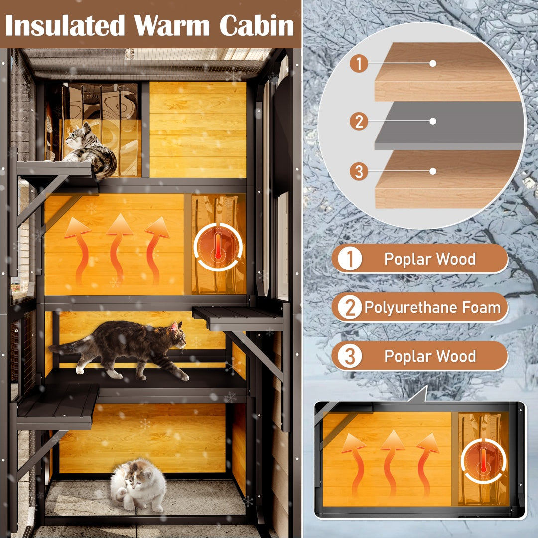 Cutaway of the catio's insulated cabin showing poplar wood and foam layers, cats on the yellow platforms
