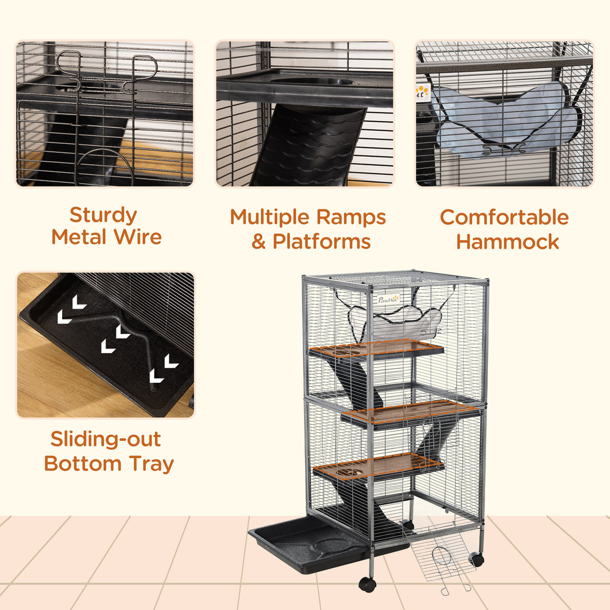 Feature panel for the black ferret and chinchilla cage: metal wire, ramps, platforms, hammock, sliding tray