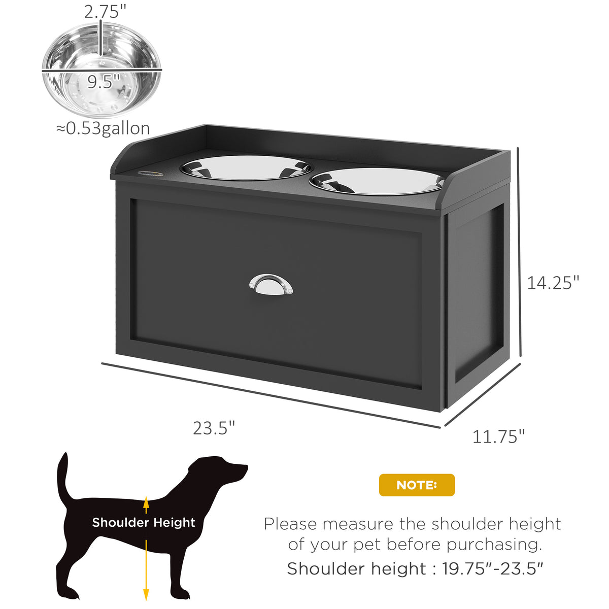 Dimension diagram of the raised dog feeder at 23.5 by 11.75 by 14.25 inches, with a shoulder-height guide