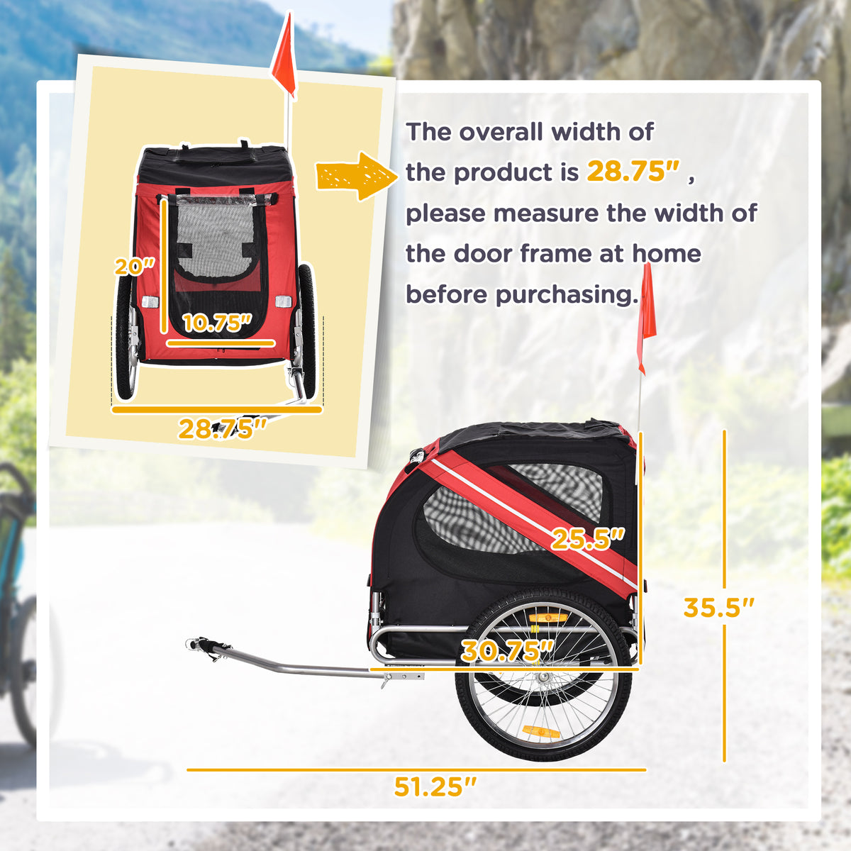Dimension diagram of the red and black dog bike trailer, 51.25 inches long and 28.75 inches wide