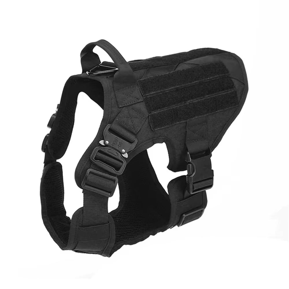 Black tactical dog harness with a hook-and-loop side panel, quick-release buckles and a lifting handle