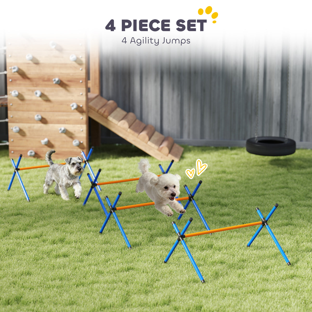 Two dogs running a lawn course of four blue and orange agility jumps