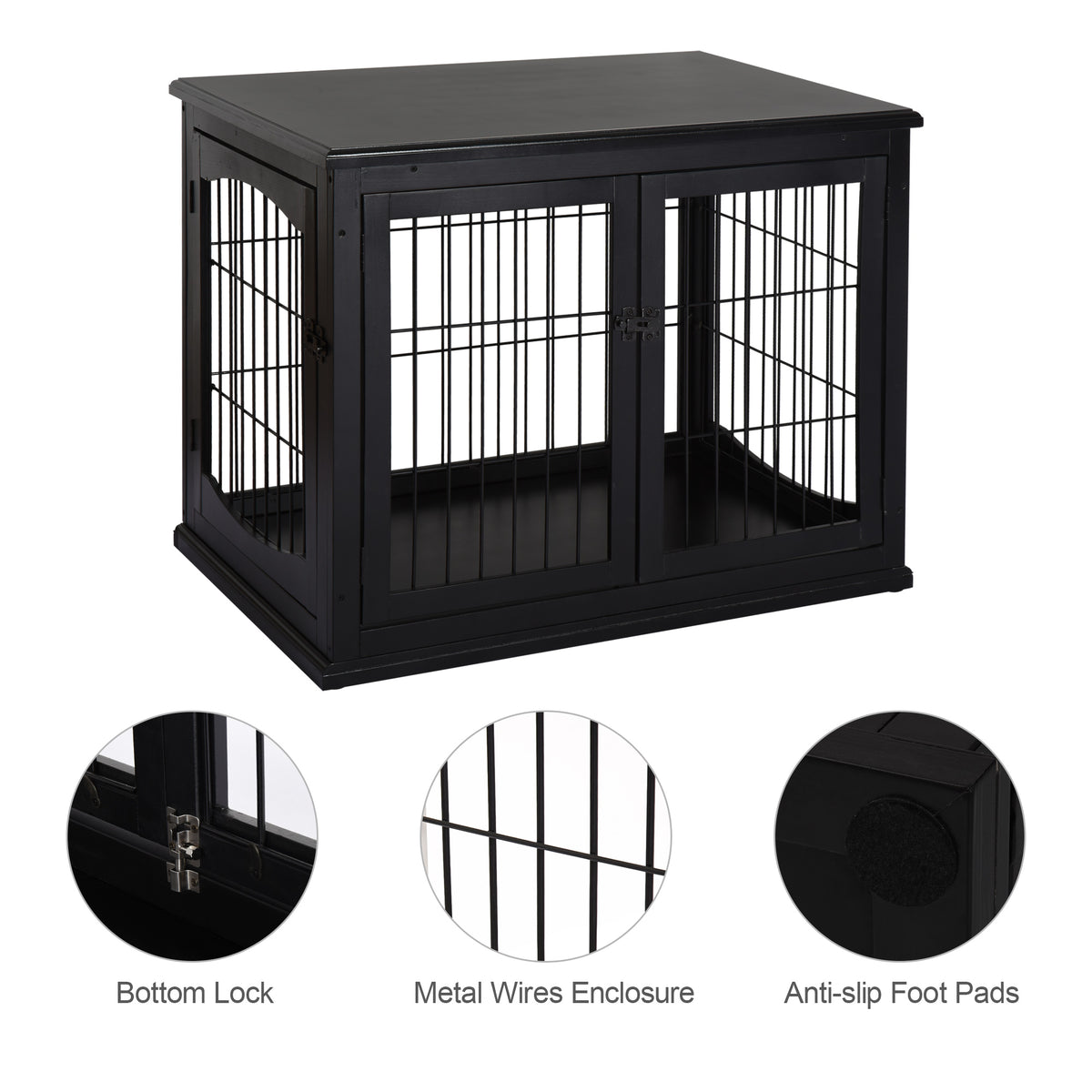 Black wooden dog crate end table with wire double doors, plus lock, wire and foot pad close-ups