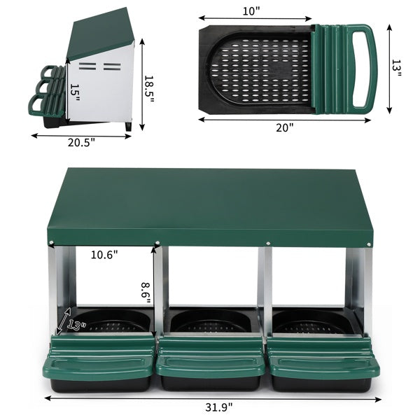 Green metal three-compartment roll-away chicken nesting box with dimension diagrams