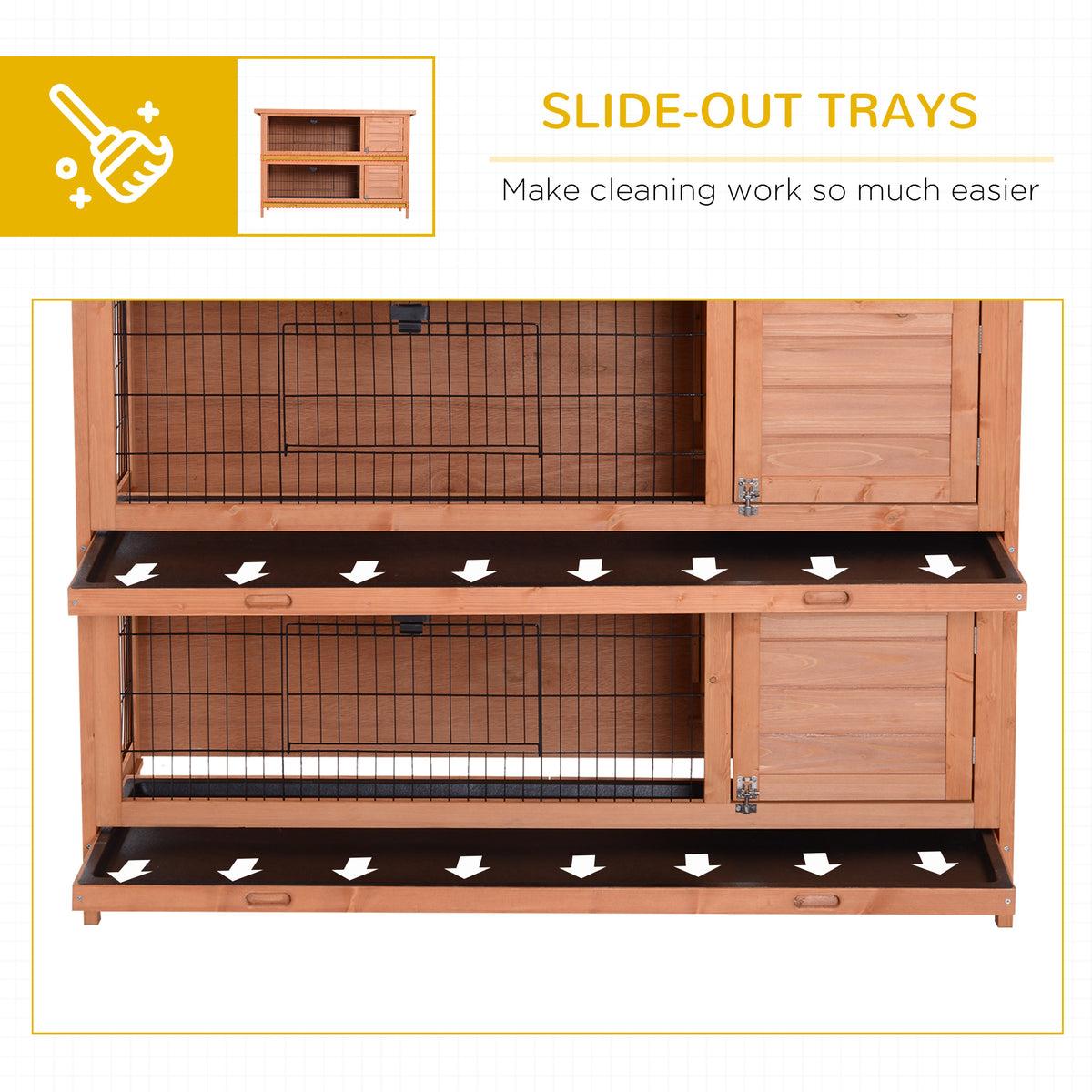 Natural wood two-tier rabbit hutch with both black slide-out cleaning trays pulled forward