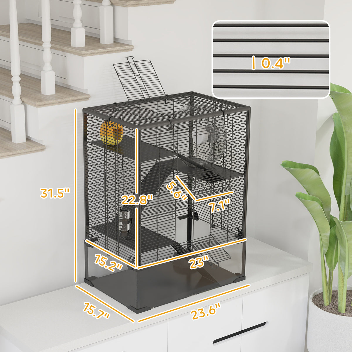 Dimension diagram of the black four-tier hamster cage at 23.6 by 15.9 by 31.5 inches