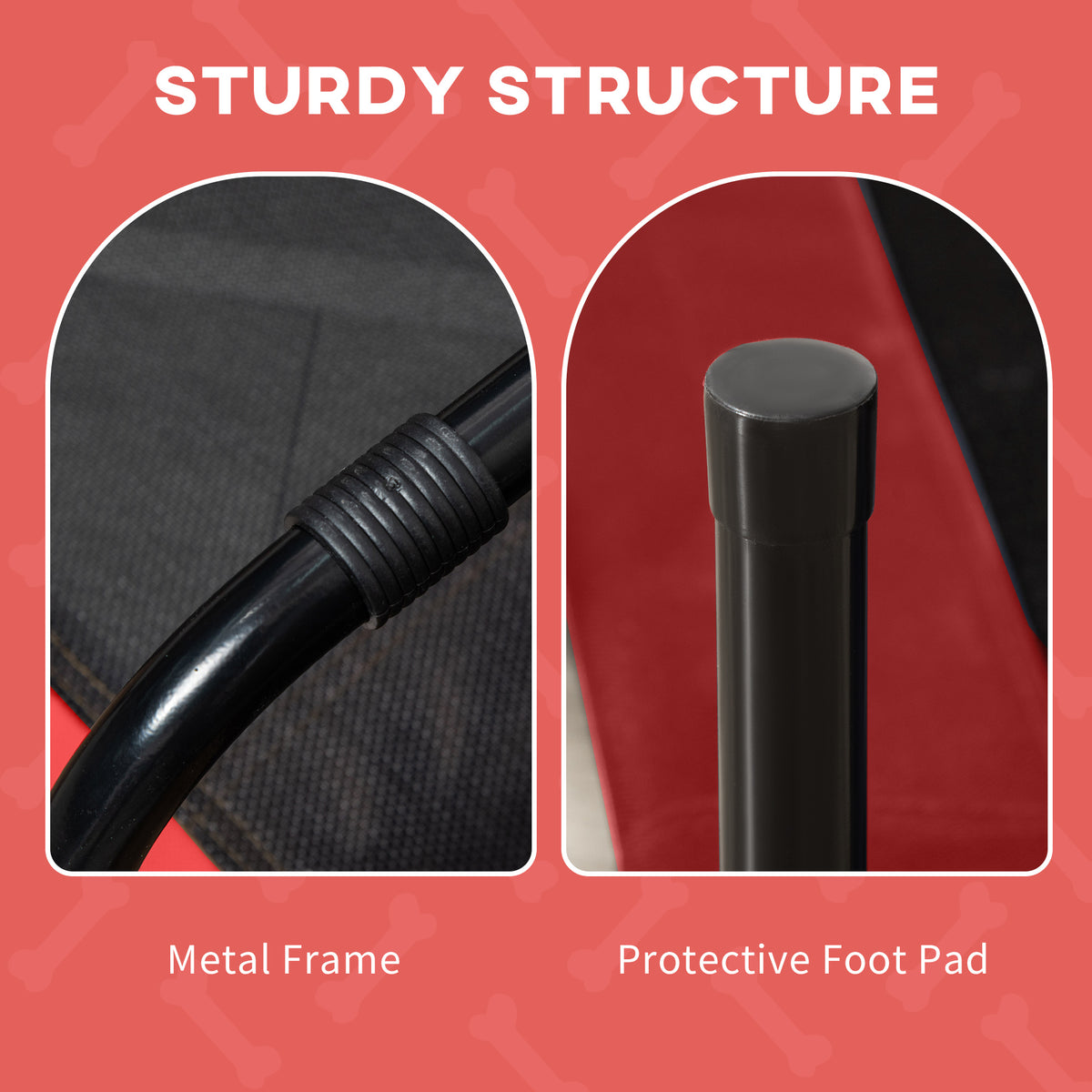 Close-ups of the red elevated dog cot's black metal frame and protective foot pad