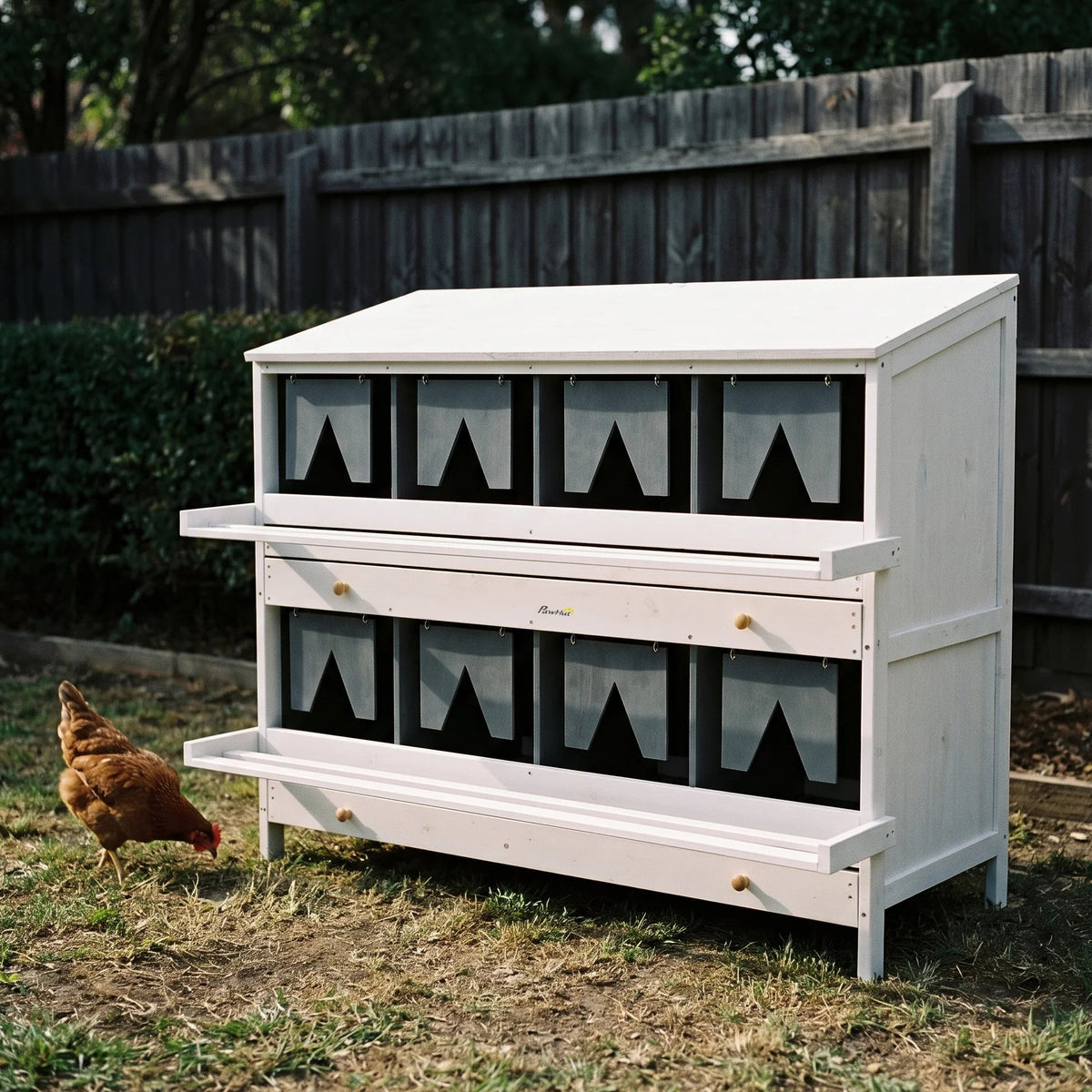 White wooden 8-compartment chicken nesting box in a backyard - wrenwood hero