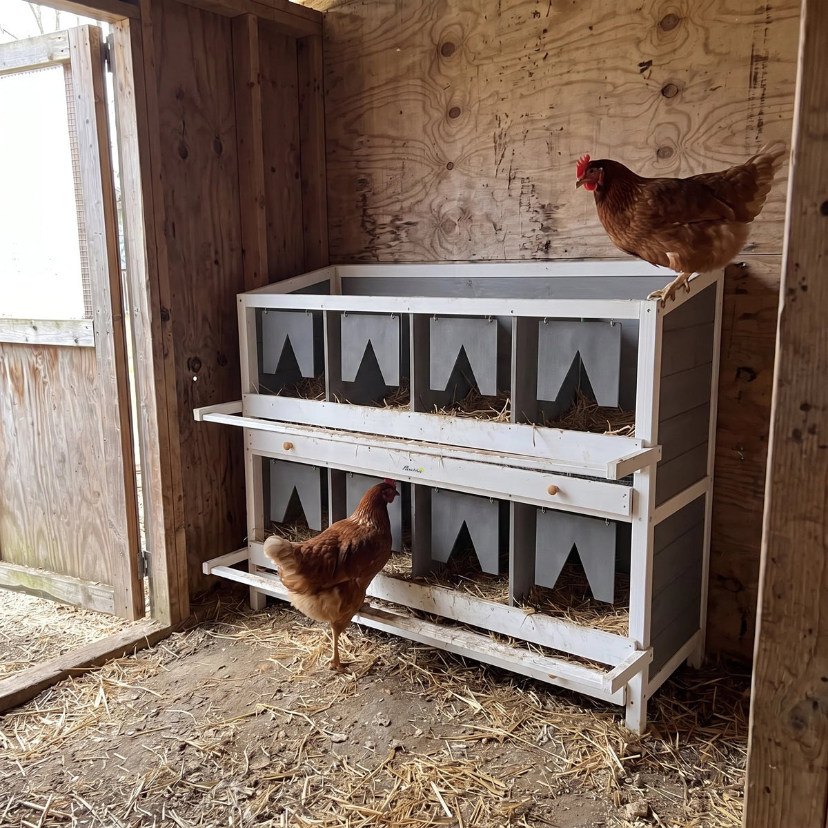 White eight-compartment two-tier nesting box against a barn wall, with a hen on top and one below