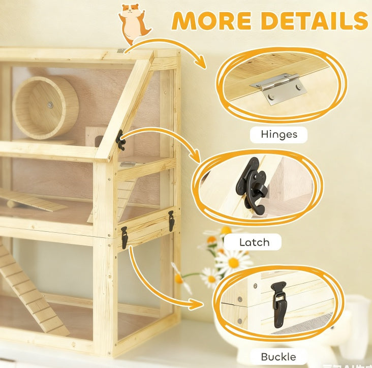 Close-ups of the wooden hamster cage's hinges, latch and buckle fastenings