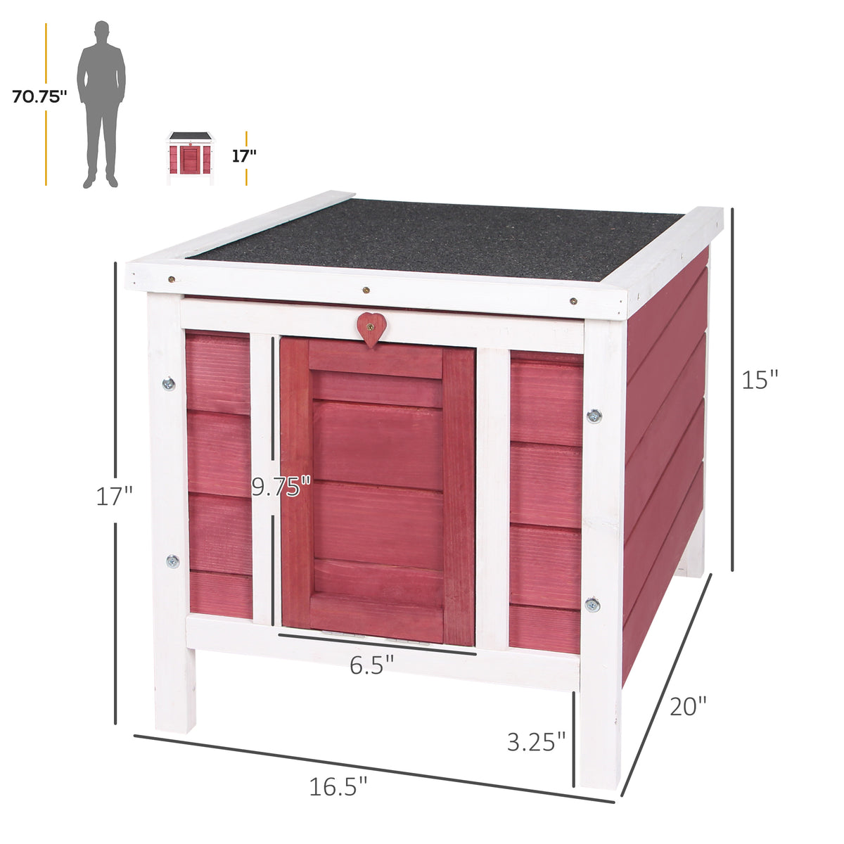 Dimension diagram of the small red and white wooden rabbit hutch at 16.5 by 20 by 17 inches