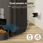 Dual power supply system for a device with a battery icon and plug icon on a wooden floor.
