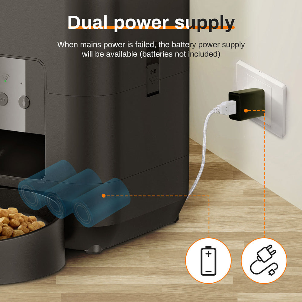 Dual power supply system for a device with a battery icon and plug icon on a wooden floor.