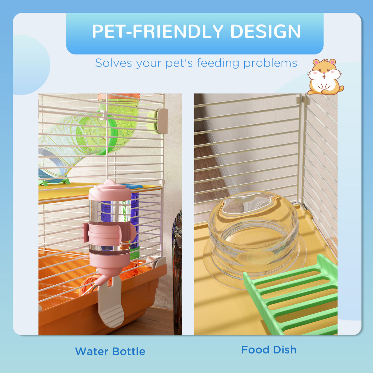 Close-ups of the hamster cage's clip-on water bottle and clear food dish
