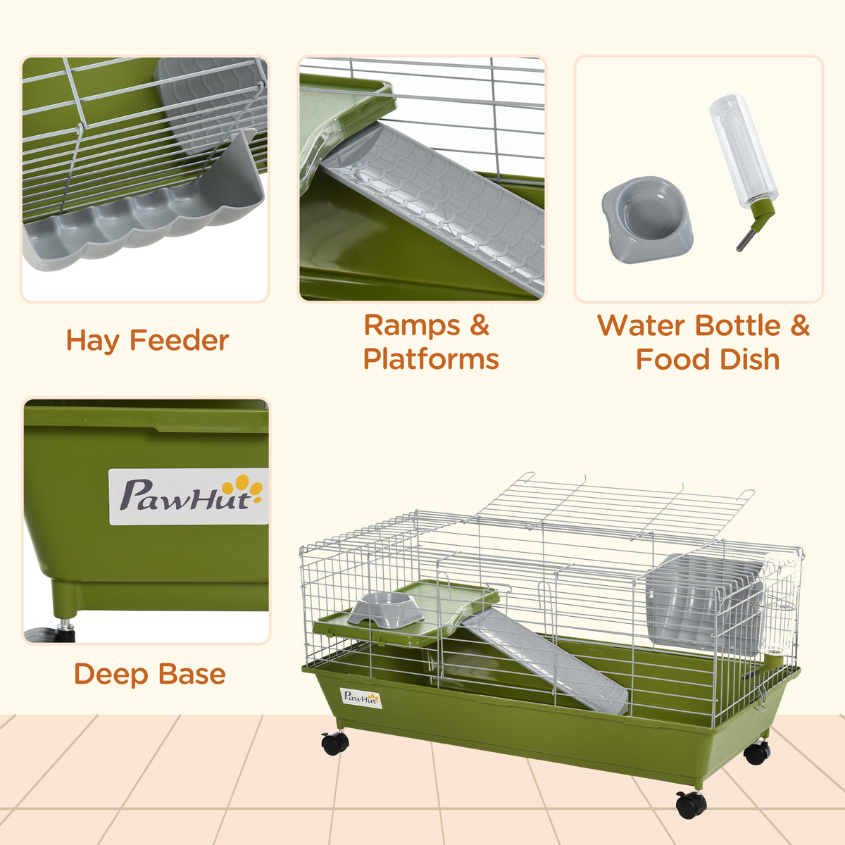Feature panel for the green rabbit and guinea pig cage: hay feeder, ramps, water bottle, dish, deep base