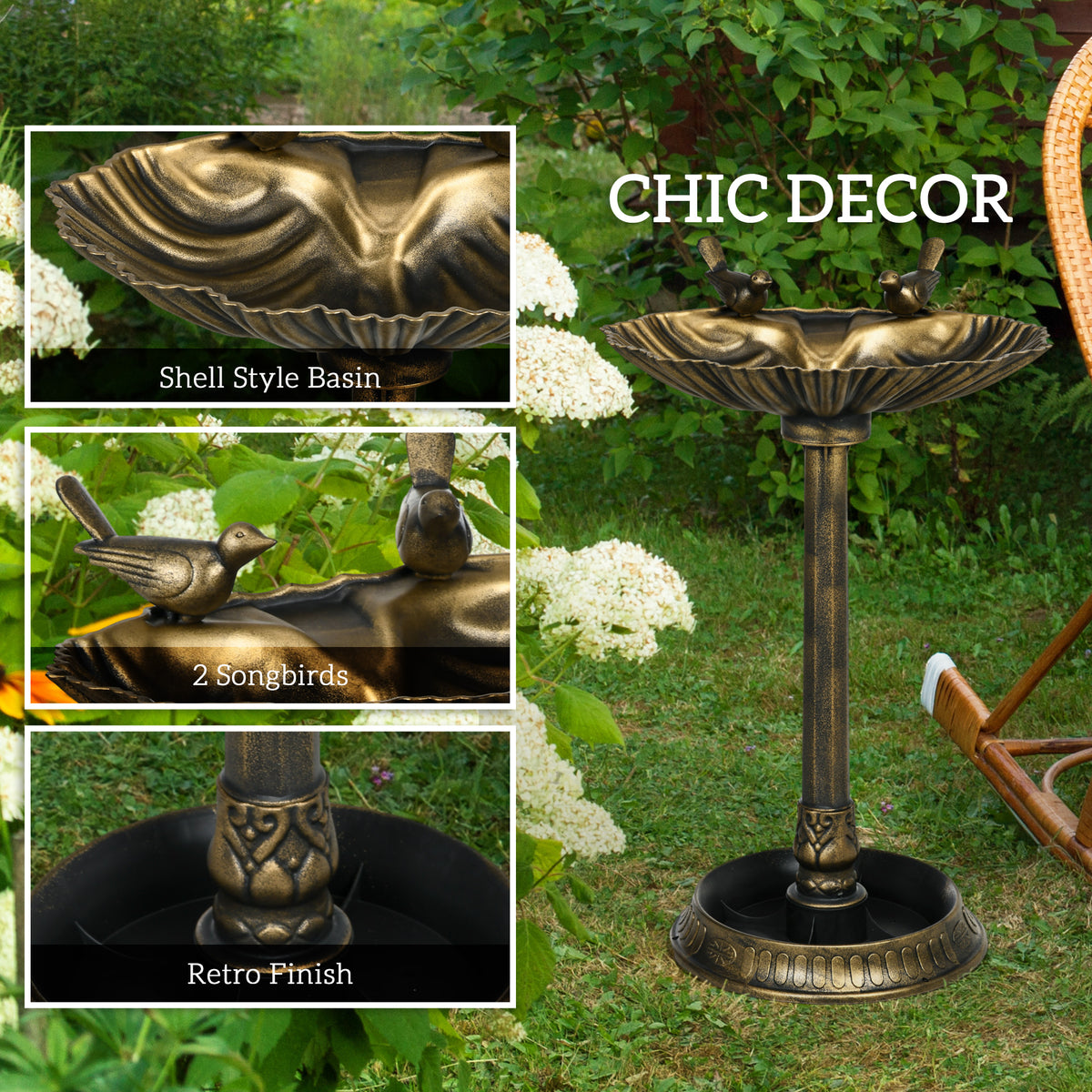 Bronze pedestal bird bath in a leafy garden, with close-ups of its shell basin, songbirds and retro finish