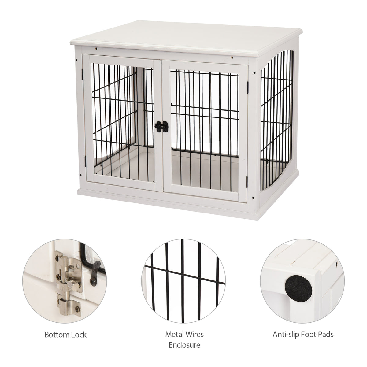 White wooden dog crate end table with black wire double doors, plus lock, wire and foot pad close-ups