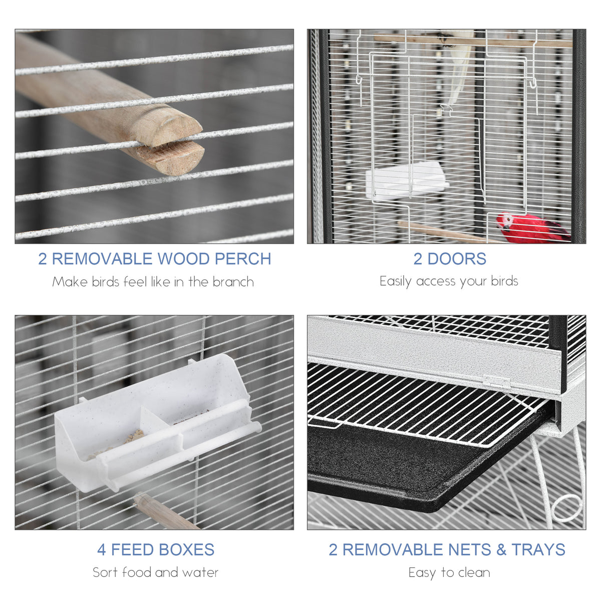 Four close-ups of the aviary's wood perches, two doors, four feed boxes and removable trays