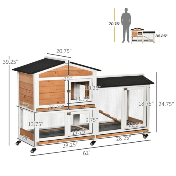 Dimension diagram of the two-tier white and wood rabbit hutch with run, 62 inches wide