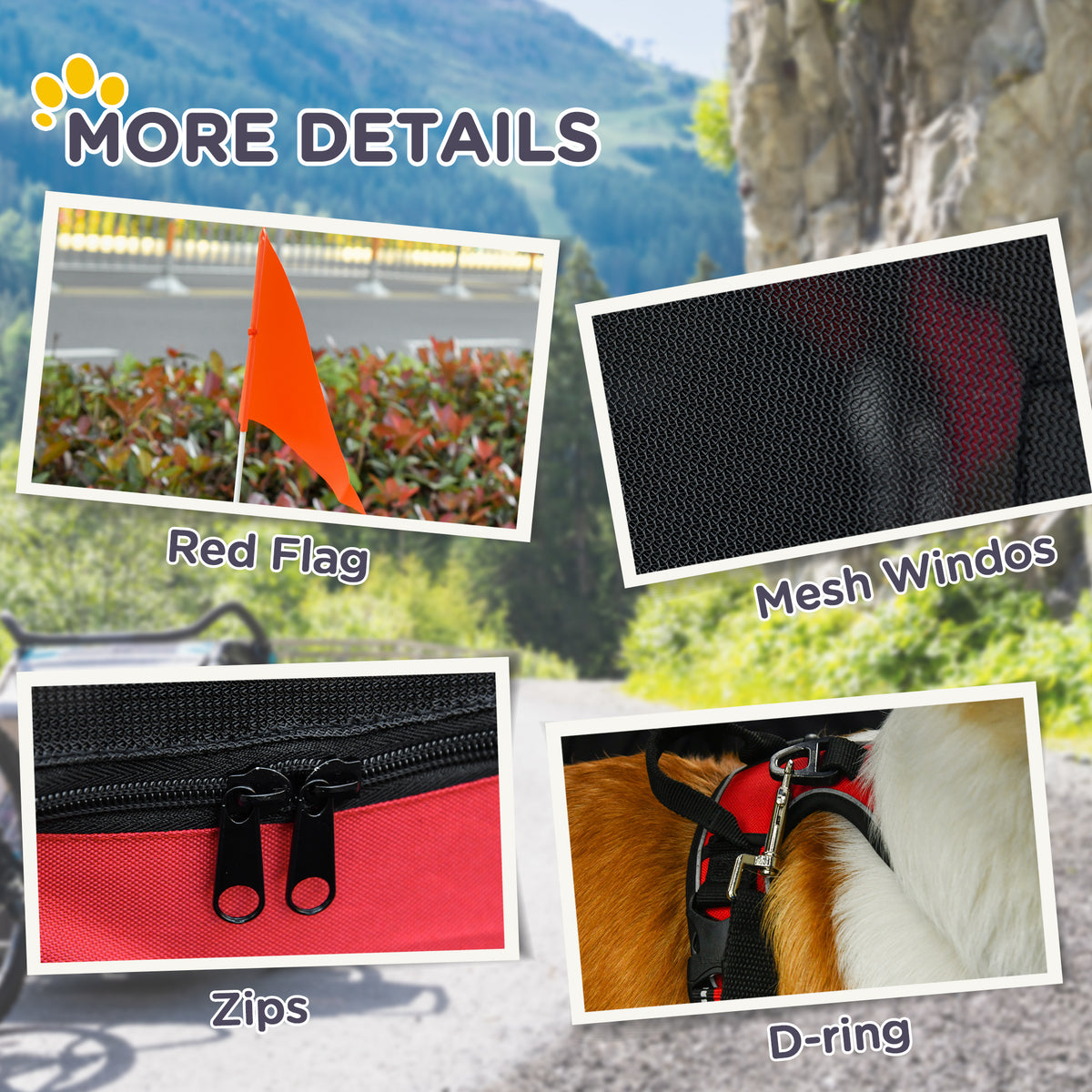 Close-ups of the bike trailer's red safety flag, mesh window, zippers and interior D-ring