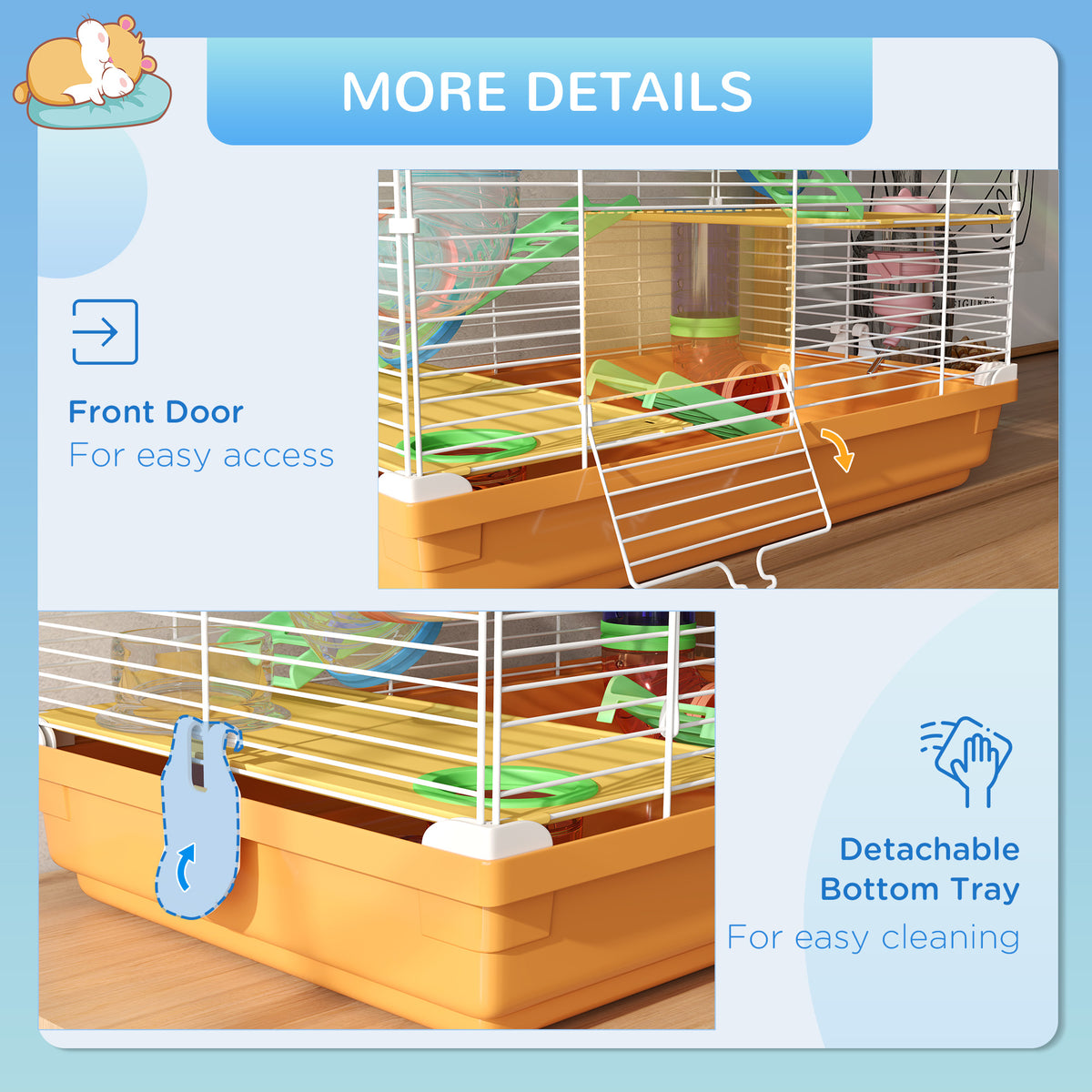 Close-ups of the orange-based hamster cage's front door and detachable bottom tray