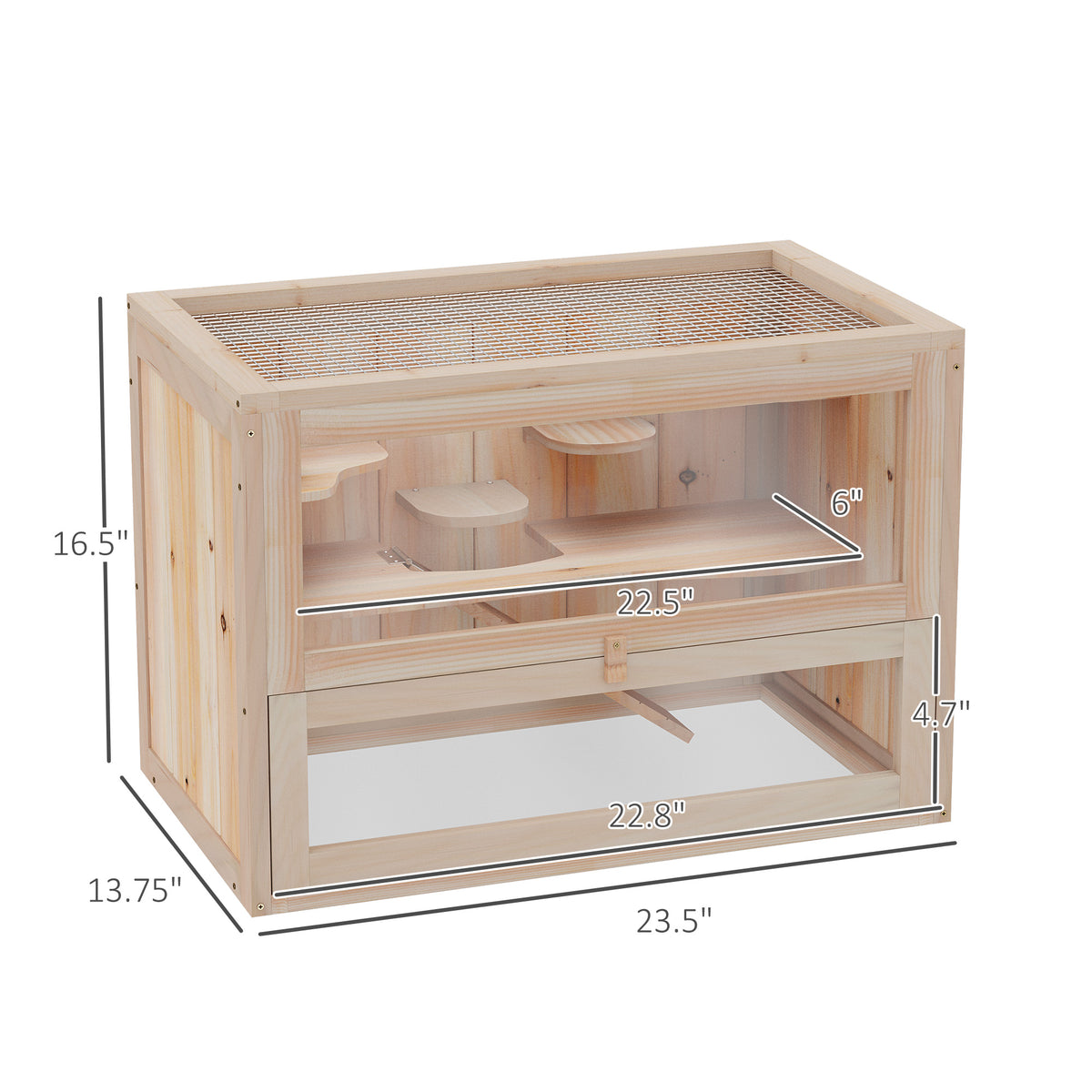 Dimension diagram of the fir-wood two-level hamster cage at 23.5 by 13.75 by 16.5 inches