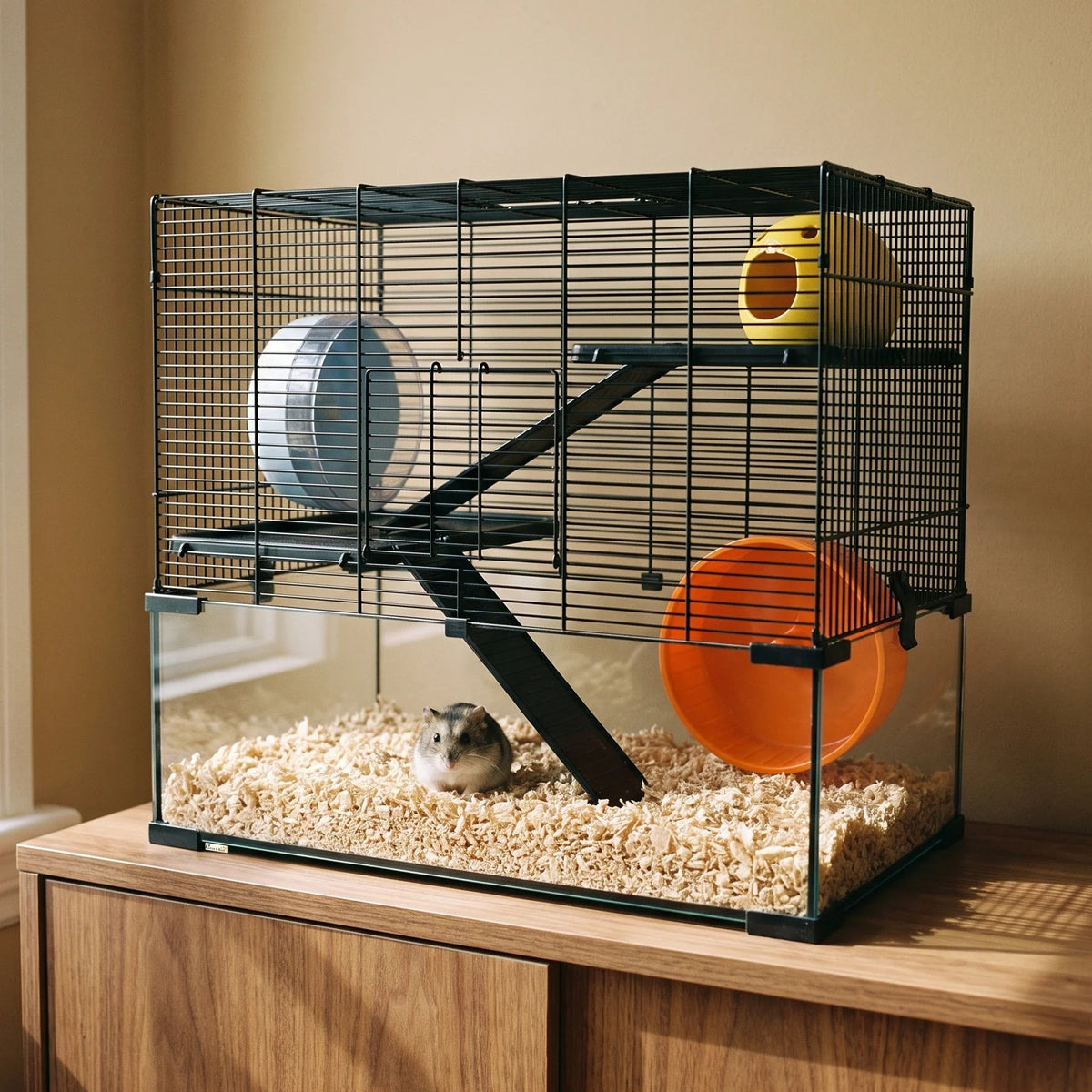 Dwarf hamster sits in the bedding of the glass-base wire cage on a wooden sideboard.