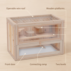 Components: openable wire roof, front door, ramp, platforms, two levels