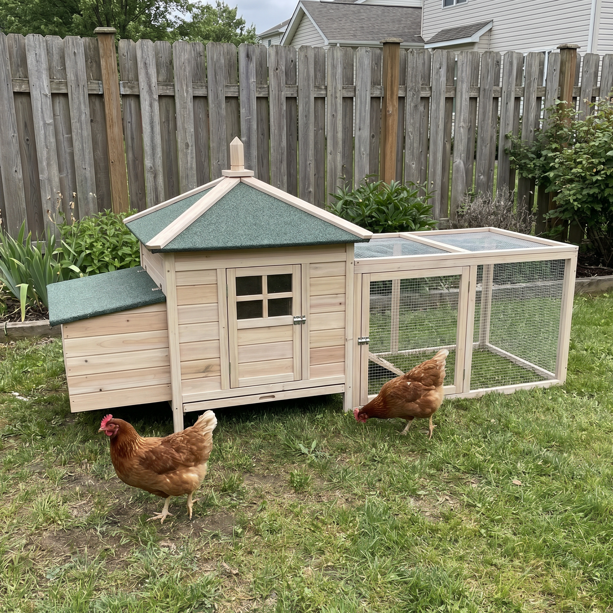 Wooden chicken coop with two hens in a real backyard