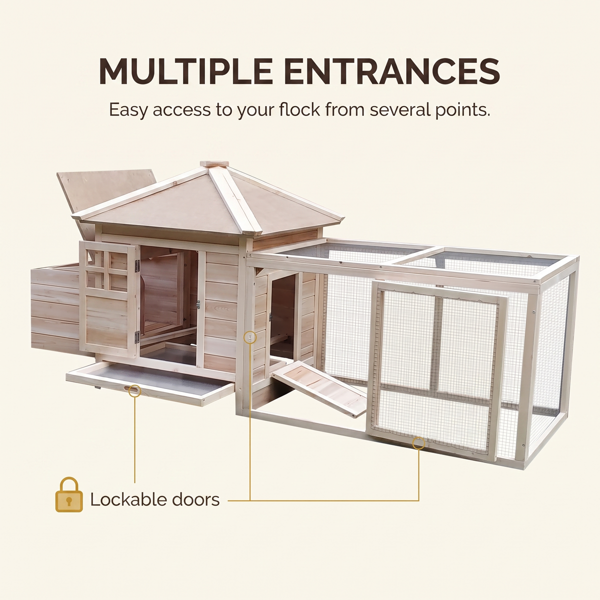 Multiple entrances with lockable doors for easy access