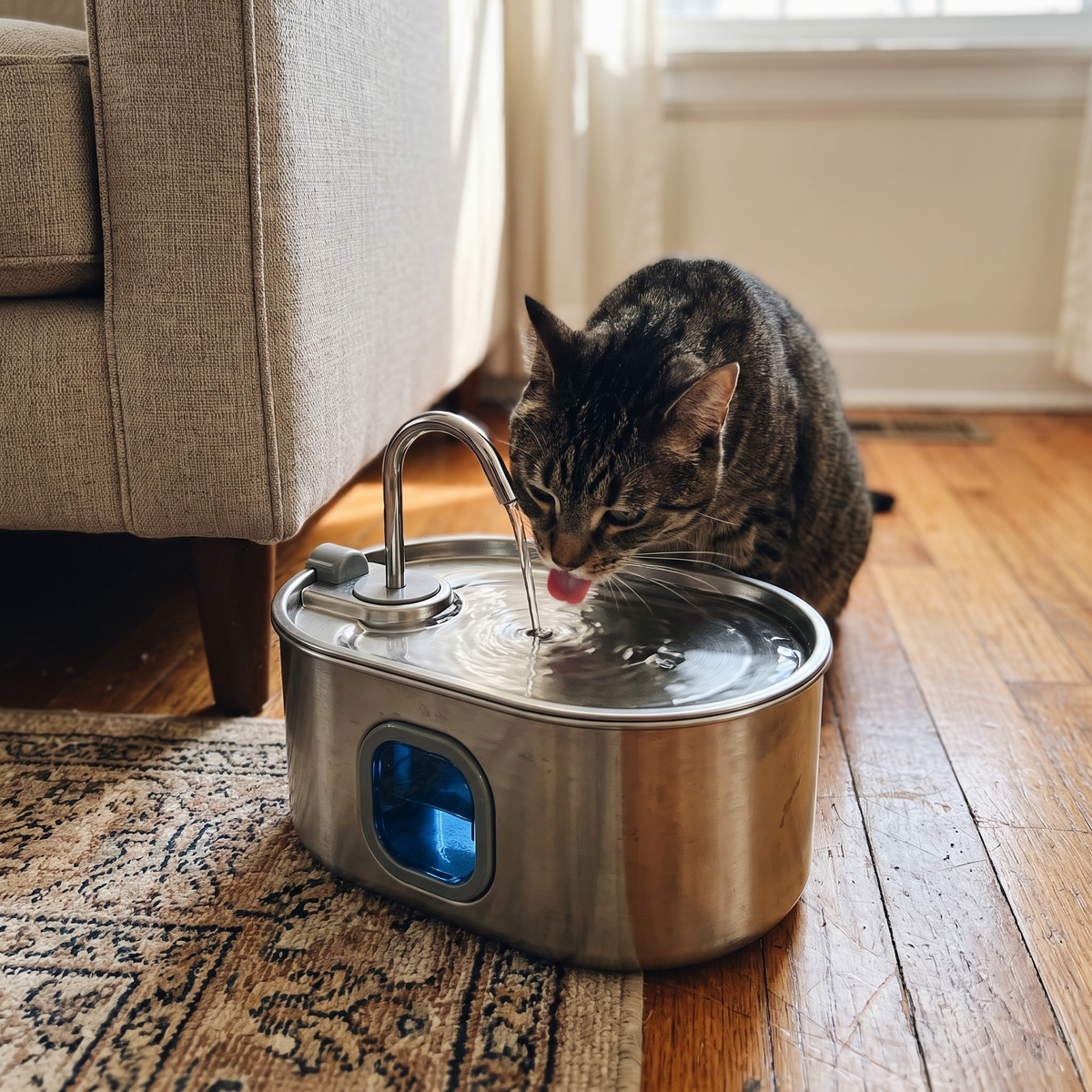 Cat drinking from the stainless steel pet fountain in a real home