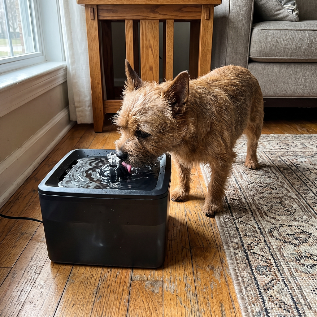Pet using the fountain in a real home