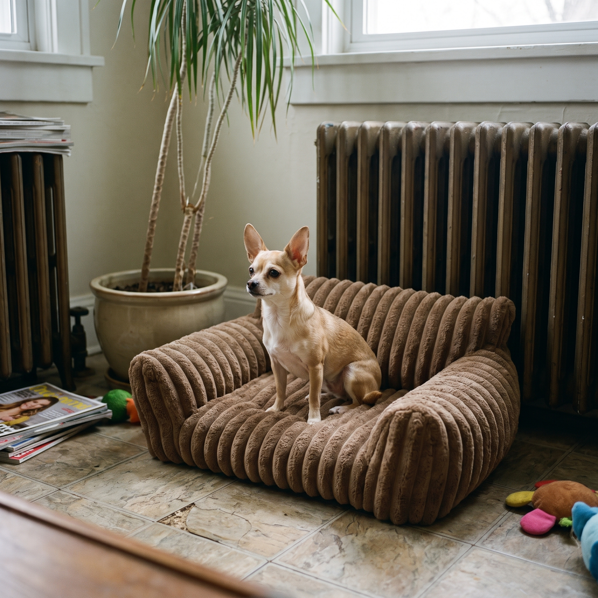 Chihuahua sitting in the corduroy pet sofa bed in a living room - lifestyle v2