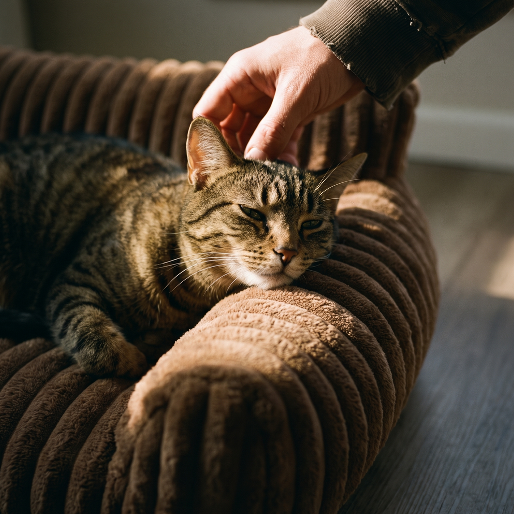 Tabby cat resting on the bolster of the corduroy pet sofa bed in afternoon sun - lifestyle v2