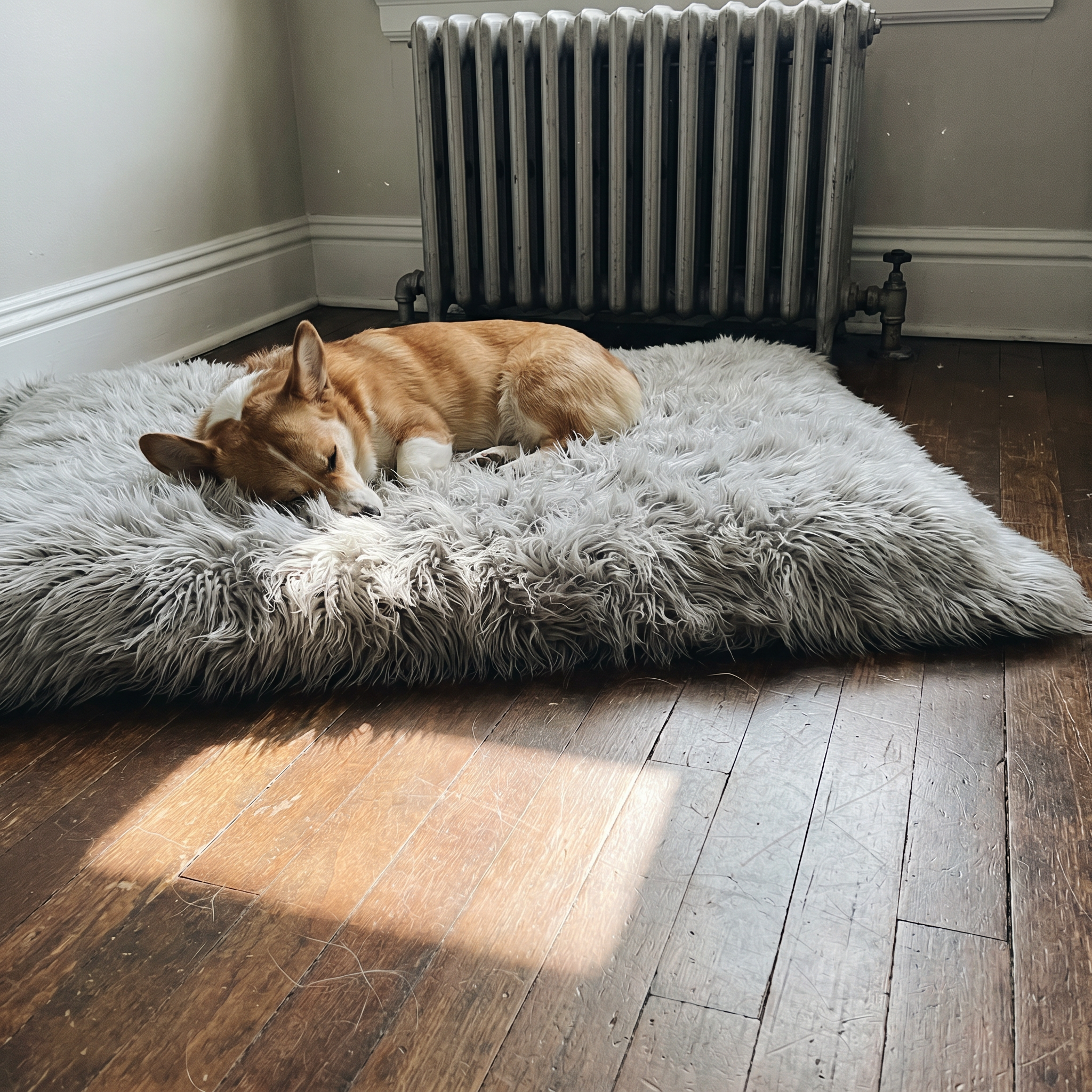 Corgi asleep on the warm plush pet mat on a hardwood living-room floor in morning light - lifestyle v2