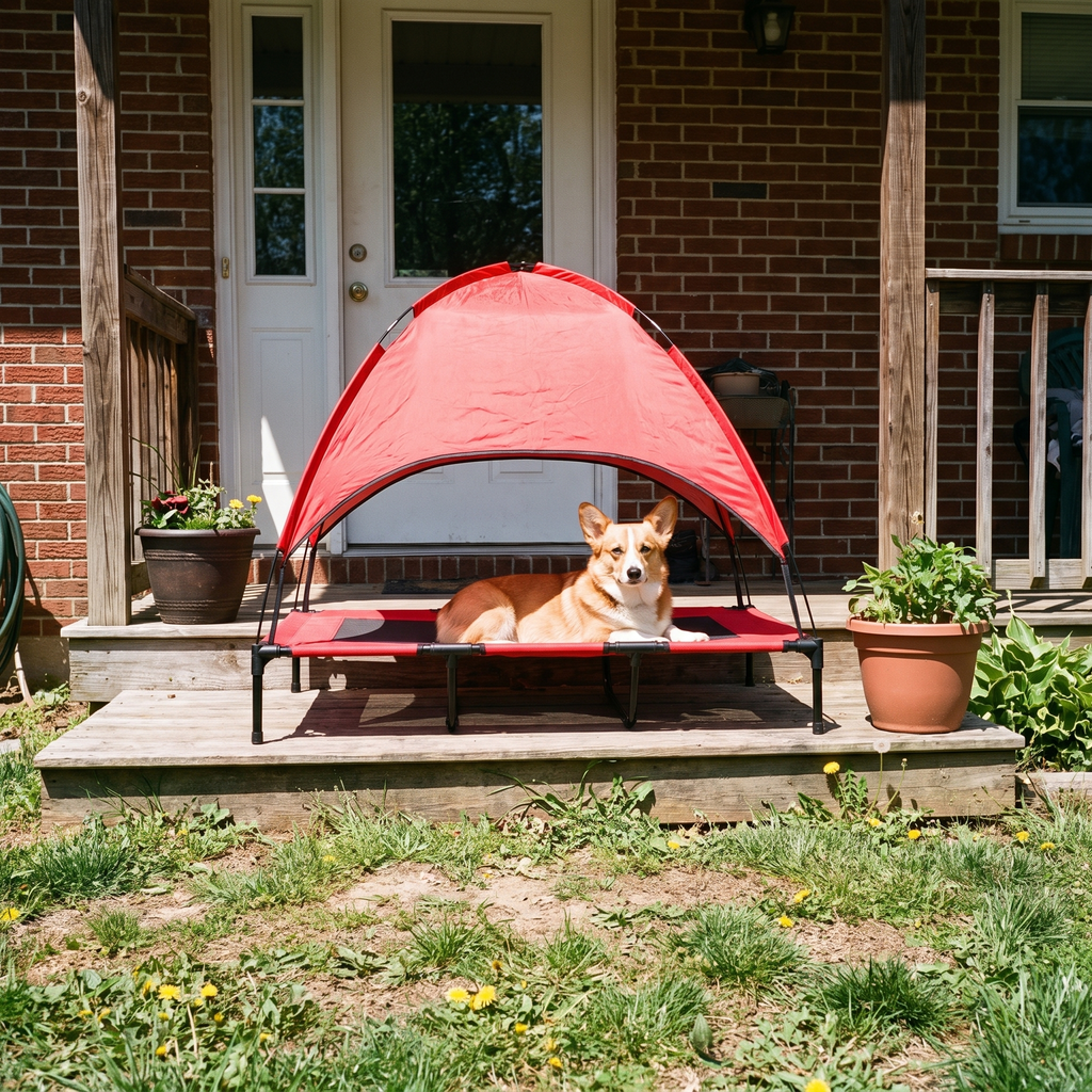Corgi resting on the elevated dog cot on a sunny porch step - lifestyle v2