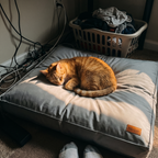 Ginger tabby cat curled up in the pet sofa bed in a home office corner - lifestyle v2