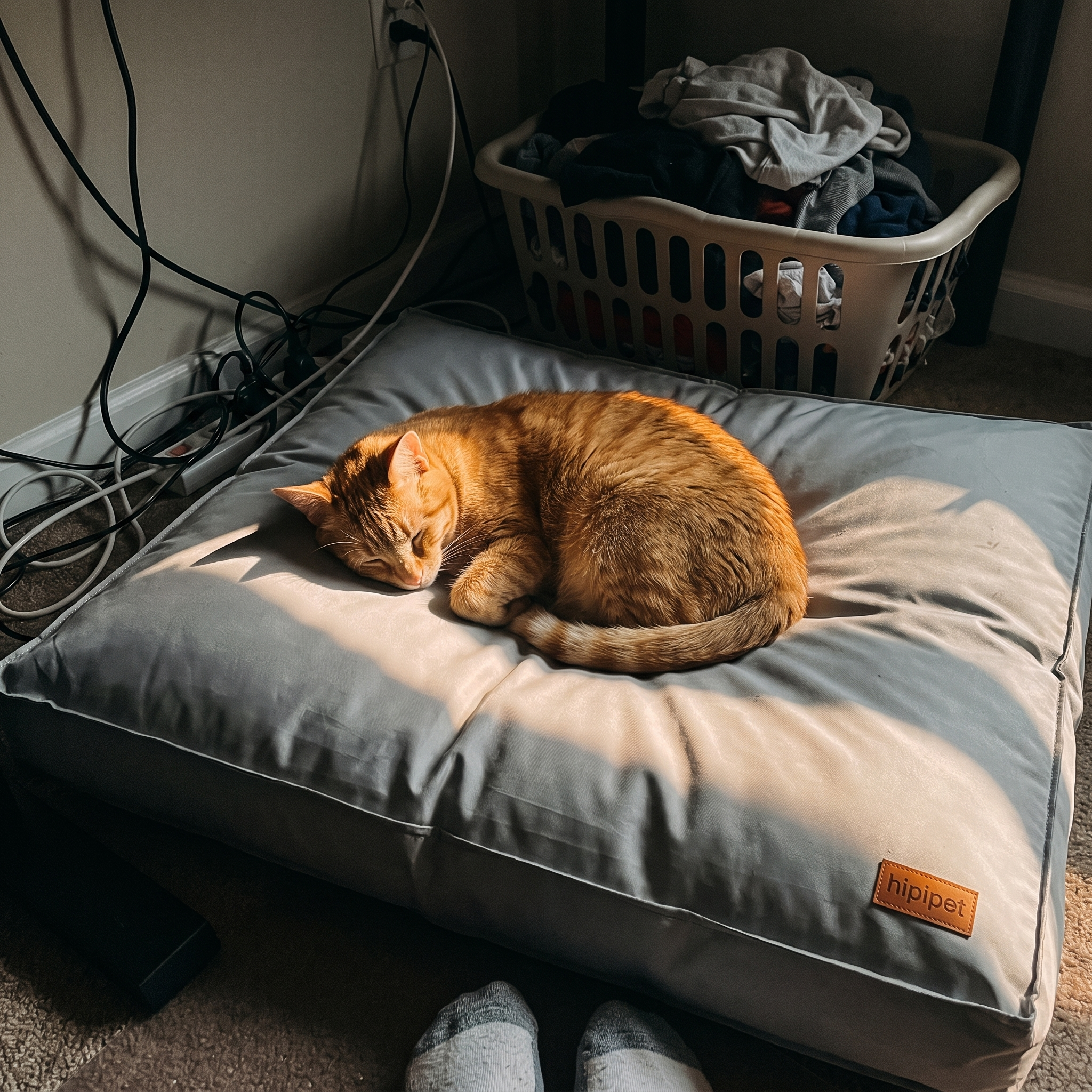 Ginger tabby cat curled up in the pet sofa bed in a home office corner - lifestyle v2